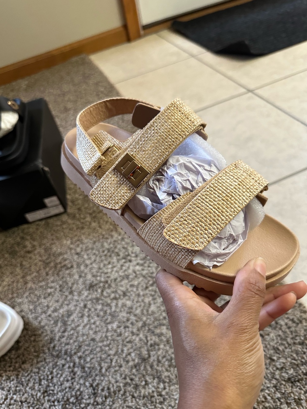 Brand New fashion nova Woven Straw Double-Strap Sandal with Buckle Accent